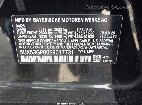 5UX53GP00S9017731 2025 BMW X3 Black Вид підкапотного простору