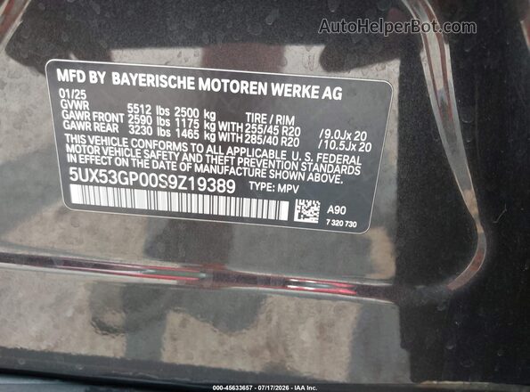 5UX53GP00S9Z19389 2025 BMW X3 Black ძრავის განყოფილების ხედი