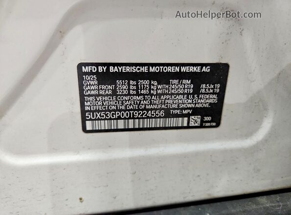 5UX53GP00T9224556 2026 BMW X3 White VIN კოდის სტიკერის ხედი