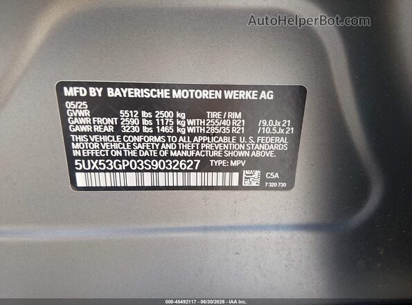 5UX53GP03S9032627 2025 BMW X3 Серый Вид подкапотного пространства