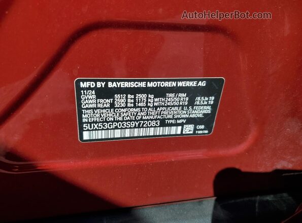 5UX53GP03S9Y72083 2025 BMW X3 Red Вид наклейки з VIN-кодом