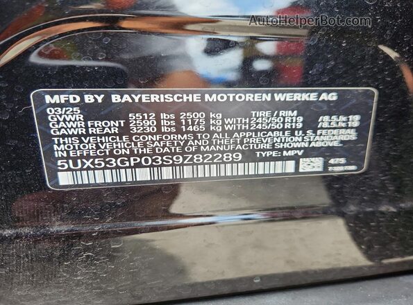 5UX53GP03S9Z82289 2025 BMW X3 Black VIN კოდის სტიკერის ხედი