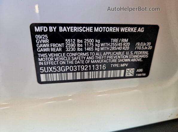 5UX53GP03T9211316 2026 BMW X3 White Вид наклейки з VIN-кодом