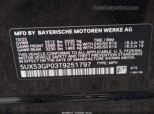 5UX53GP03T9251797 2026 BMW X3 Black Շարժիչի բաժամունքի տեսք