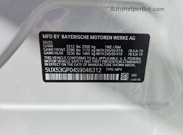 5UX53GP04S9046312 2025 BMW X3 Белый Вид наклейки с VIN-кодом
