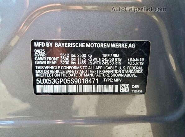 5UX53GP05S9018471 2025 BMW X3 Gray Панорамний вид салону 360°