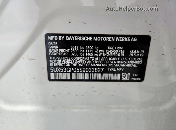 5UX53GP05S9033827 2025 BMW X3 White Vista interior de 360 grados