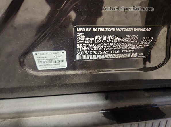 5UX53GP07S9Z53314 2025 BMW X3 Black Вид наклейки з VIN-кодом