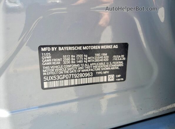 5UX53GP07T9280963 2026 BMW X3 Gray VIN კოდის სტიკერის ხედი