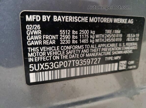 5UX53GP07T9359727 2026 BMW X3 Charcoal 360 interior view