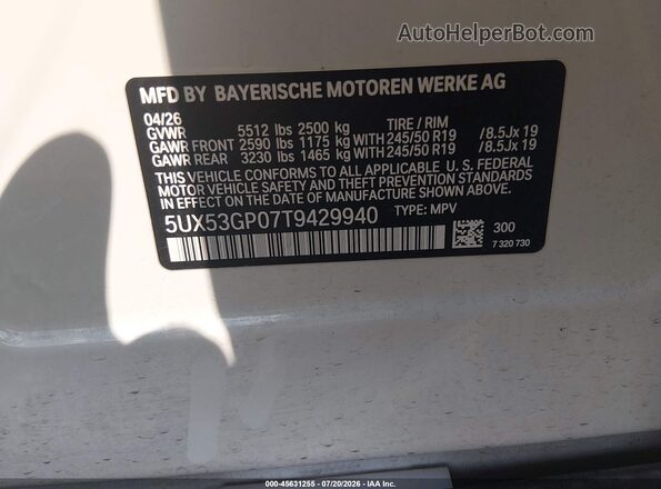 5UX53GP07T9429940 2026 BMW X3 White Вид підкапотного простору
