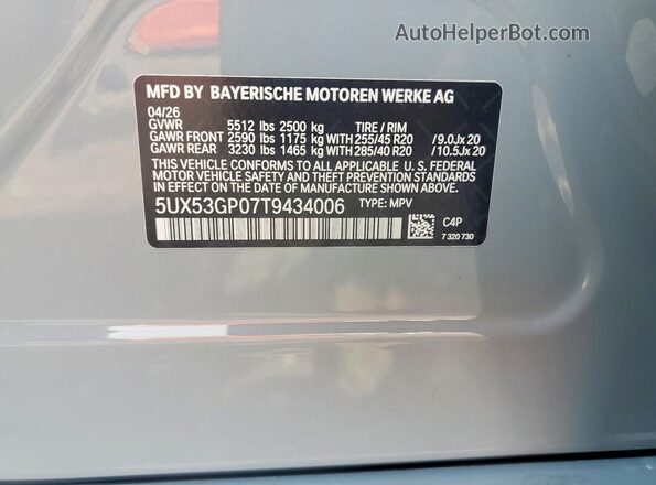 5UX53GP07T9434006 2026 BMW X3 Gray VIN sticker view