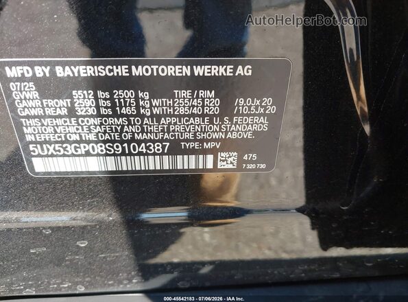 5UX53GP08S9104387 2025 BMW X3 Black Engine compartment view