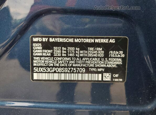 5UX53GP08S9Z75709 2025 BMW X3 Blue 360 interior view
