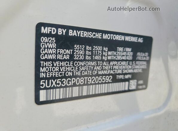 5UX53GP08T9205592 2026 BMW X3 White Widok naklejki z numerem VIN