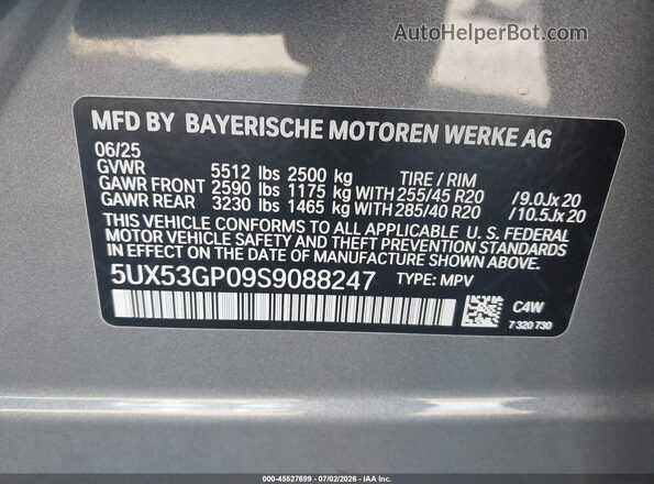 5UX53GP09S9088247 2025 BMW X3 Gray Vista del compartimento del motor