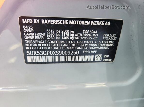 5UX53GP0XS9009250 2025 BMW X3 Silver VIN կոդի պիտակի տեսք