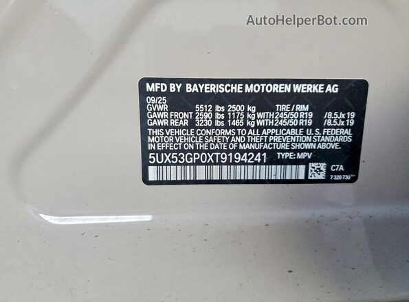 5UX53GP0XT9194241 2026 BMW X3 Gray Vista de la etiqueta del VIN