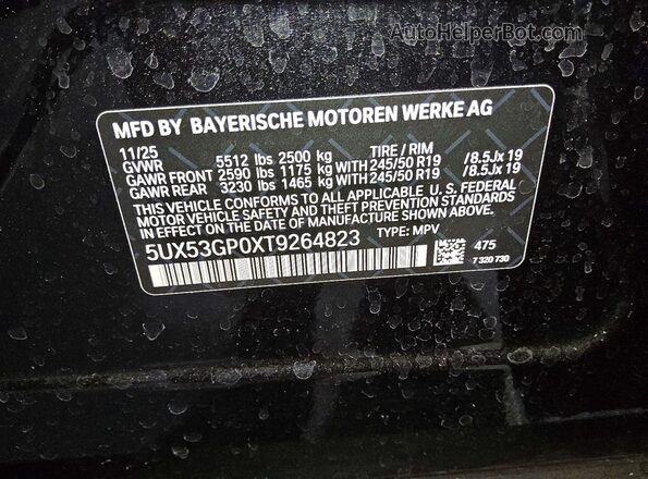 5UX53GP0XT9264823 2026 BMW X3 Black Widok naklejki z numerem VIN
