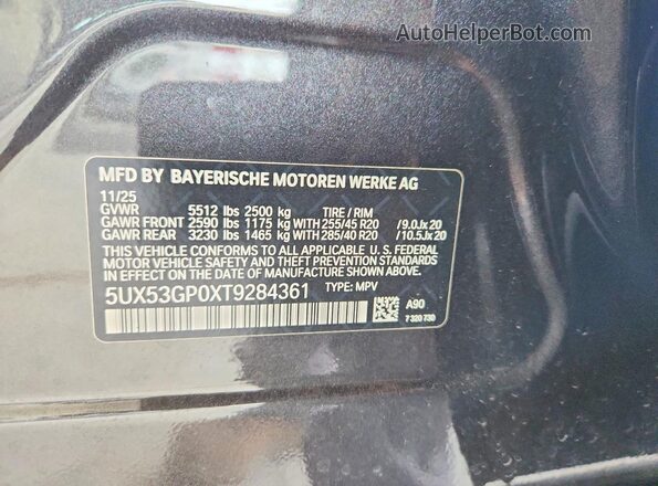 5UX53GP0XT9284361 2026 BMW X3 Gray Widok naklejki z numerem VIN