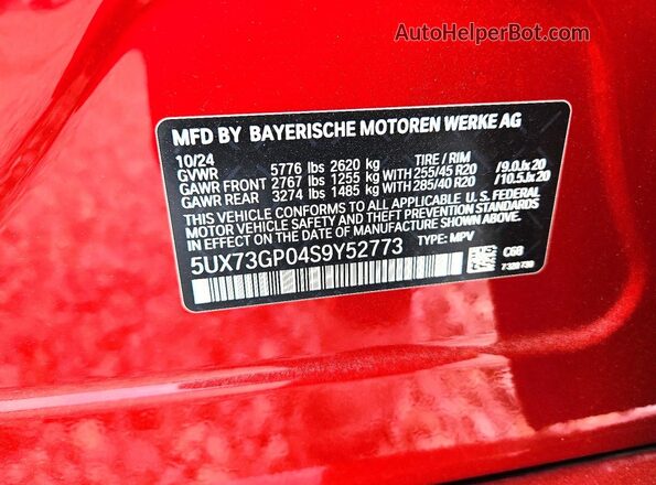 5UX73GP04S9Y52773 2025 BMW X3 Red VIN კოდის სტიკერის ხედი