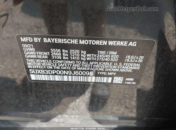 5UX83DP00N9J60095 2022 BMW X3 Black Շարժիչի բաժամունքի տեսք
