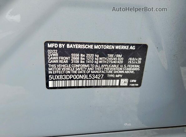 5UX83DP00N9L53427 2022 BMW X3 Gray Вид наклейки з VIN-кодом