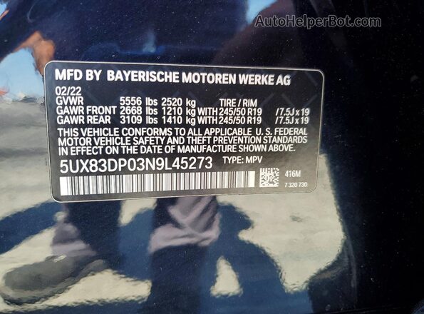 5UX83DP03N9L45273 2022 BMW X3 Black VIN կոդի պիտակի տեսք