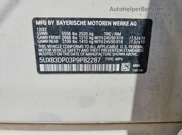 5UX83DP03P9P82287 2023 BMW X3 White VIN კოდის სტიკერის ხედი
