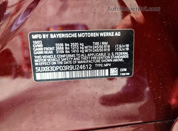 5UX83DP03R9U24612 2024 BMW X3 Темно-бордовый Вид наклейки с VIN-кодом