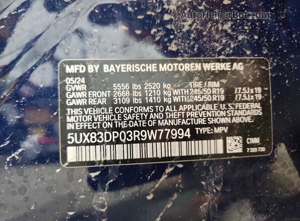 5UX83DP03R9W77994 2024 BMW X3 Blue Widok naklejki z numerem VIN