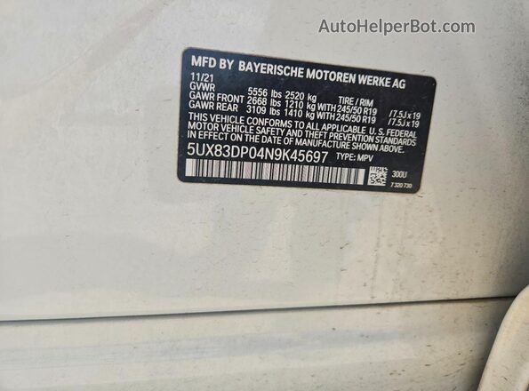 5UX83DP04N9K45697 2022 BMW X3 White Vista de la etiqueta del VIN