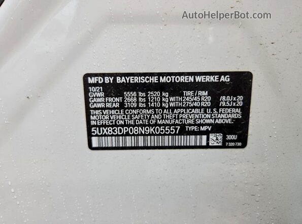 5UX83DP08N9K05557 2022 BMW X3 White Widok naklejki z numerem VIN