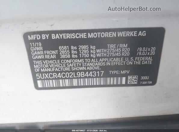 5UXCR4C02L9B44317 2020 BMW X5 White Вид підкапотного простору