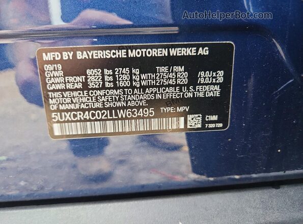5UXCR4C02LLW63495 2020 BMW X5 Blue VIN sticker view