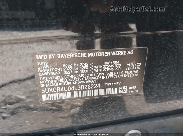 5UXCR4C04L9B26224 2020 BMW X5 Black Vista del compartimento del motor