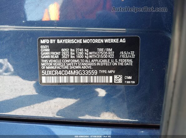 5UXCR4C04M9G33559 2021 BMW X5 Blue ძრავის განყოფილების ხედი