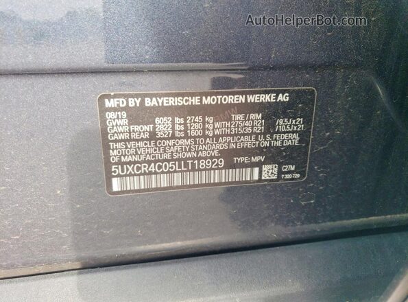 5UXCR4C05LLT18929 2020 BMW X5 Серый Вид наклейки с VIN-кодом