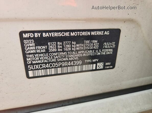 5UXCR4C05P9R44399 2023 BMW X5 Белый Вид наклейки с VIN-кодом