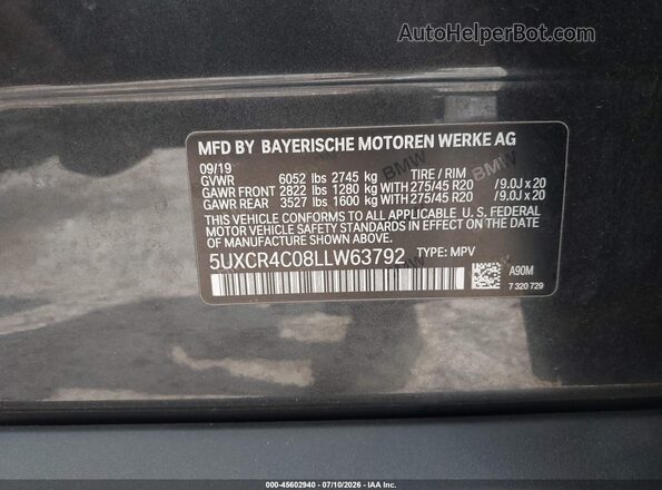 5UXCR4C08LLW63792 2020 BMW X5 Dark Brown Вид підкапотного простору