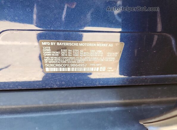 5UXCR6C01L9B64957 2020 BMW X5 Blue VIN sticker view