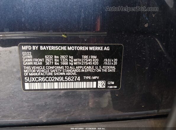 5UXCR6C02N9L56274 2022 BMW X5 Gray Вид підкапотного простору