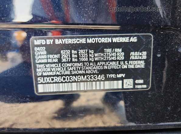 5UXCR6C03N9M33346 2022 BMW X5 Black Вид наклейки з VIN-кодом