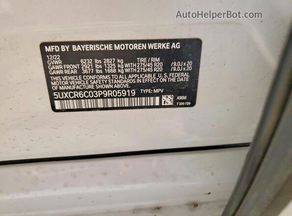 5UXCR6C03P9R05919 2023 BMW X5 White Vista de la etiqueta del VIN
