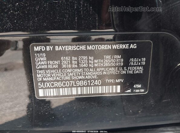 5UXCR6C07L9B61240 2020 BMW X5 Black ძრავის განყოფილების ხედი