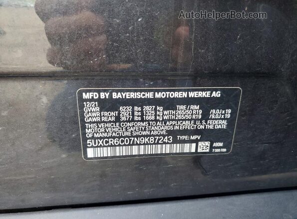 5UXCR6C07N9K87243 2022 BMW X5 Черный Вид наклейки с VIN-кодом