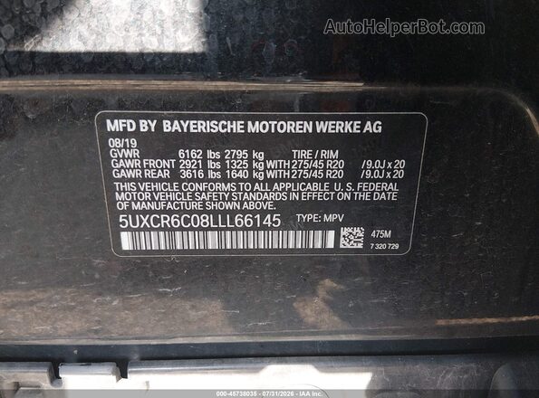 5UXCR6C08LLL66145 2020 BMW X5 Black Вид підкапотного простору