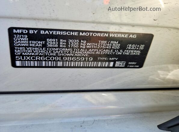 5UXCR6C09L9B65919 2020 BMW X5 White Вид наклейки з VIN-кодом