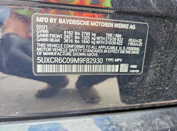 5UXCR6C09M9F82930 2021 BMW X5 Blue Widok naklejki z numerem VIN