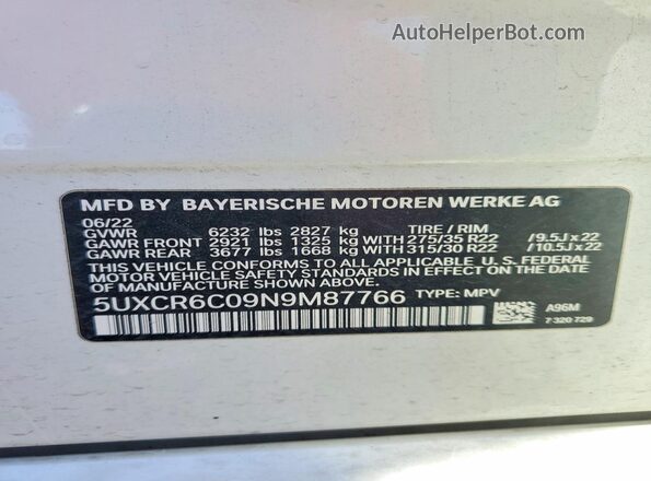 5UXCR6C09N9M87766 2022 BMW X5 White Widok naklejki z numerem VIN